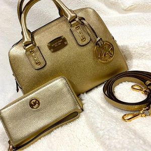 Michael Kors, mini satchel, gold metallic with wallet